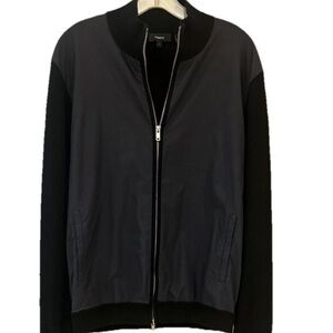 Theory Men’s Mixed Media Bomber Jacket Navy Black Knit Nylon Large